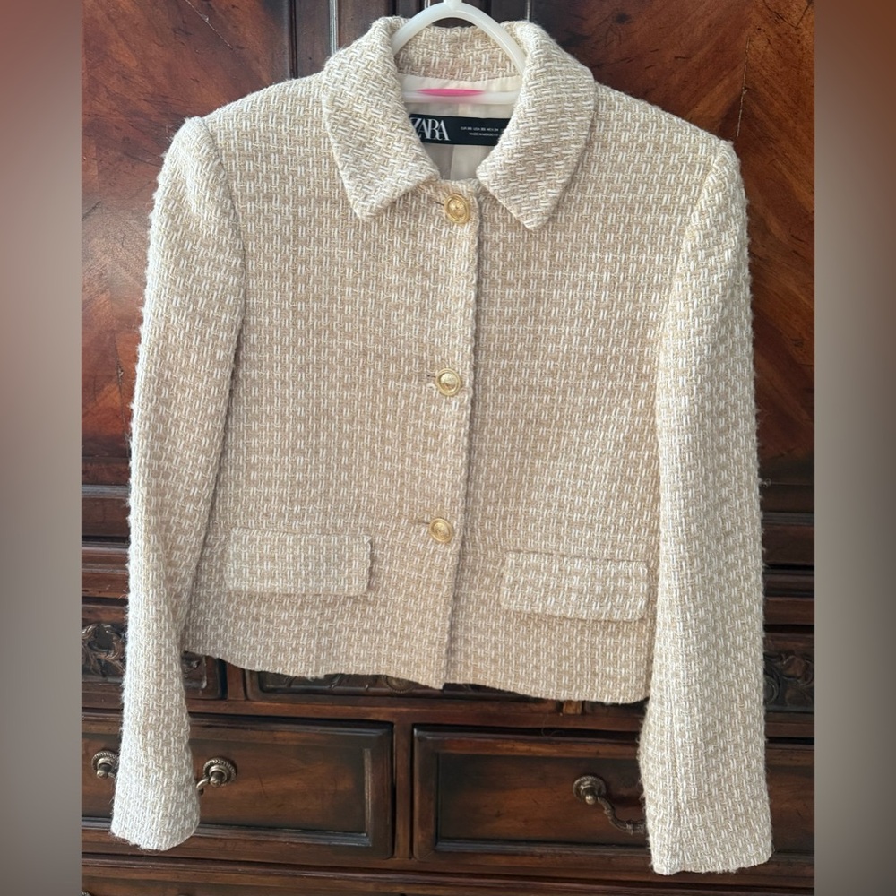 Zara Beige and Gold Tweed Blazer